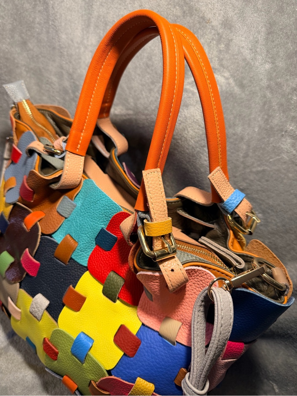 Multicolor Patchwork Genuine Leather Tote Bag - Picture 4 of 12